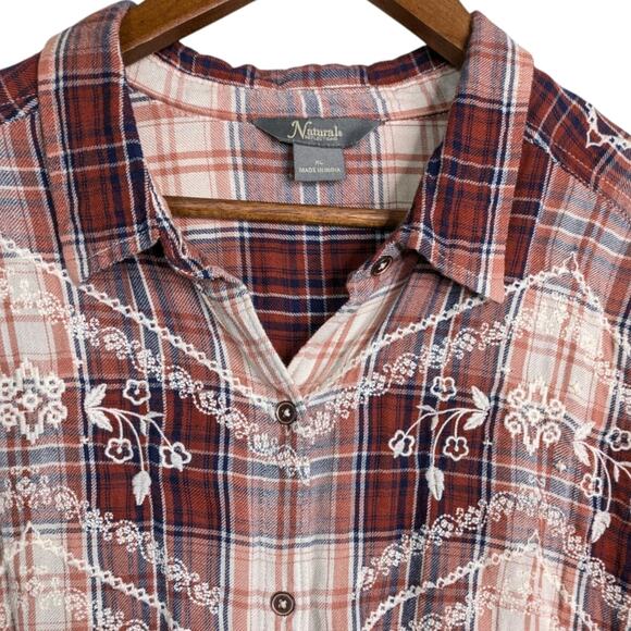 Natural Reflections Flannel Plaid Embroidered Top XL Red Cozy Cottagecore Retro - Picture 7 of 11